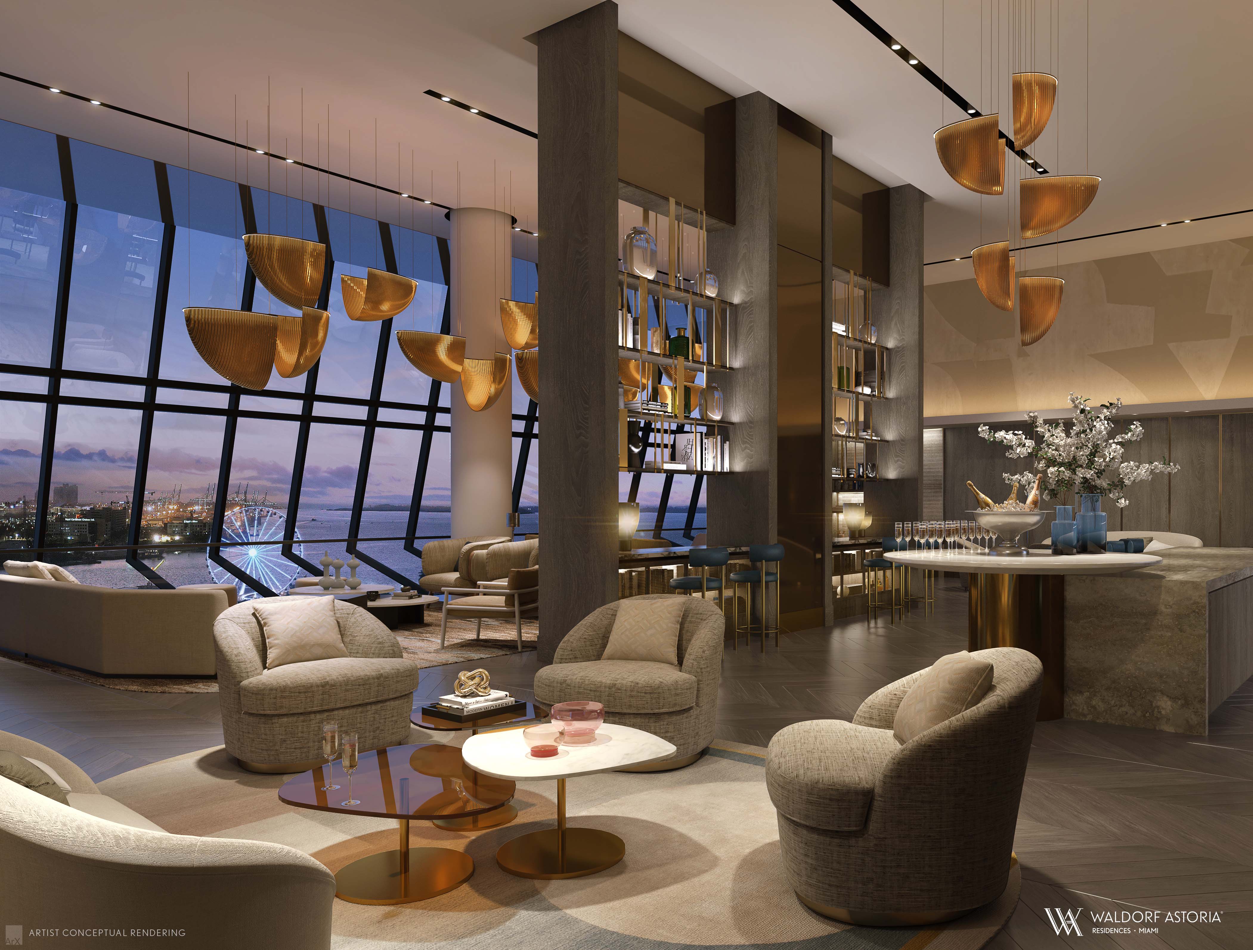 Residential Lounge at Waldorf Astoria Residences Miami — refined sitting room reserved for residents and their guests, BAMO interiors throughout.