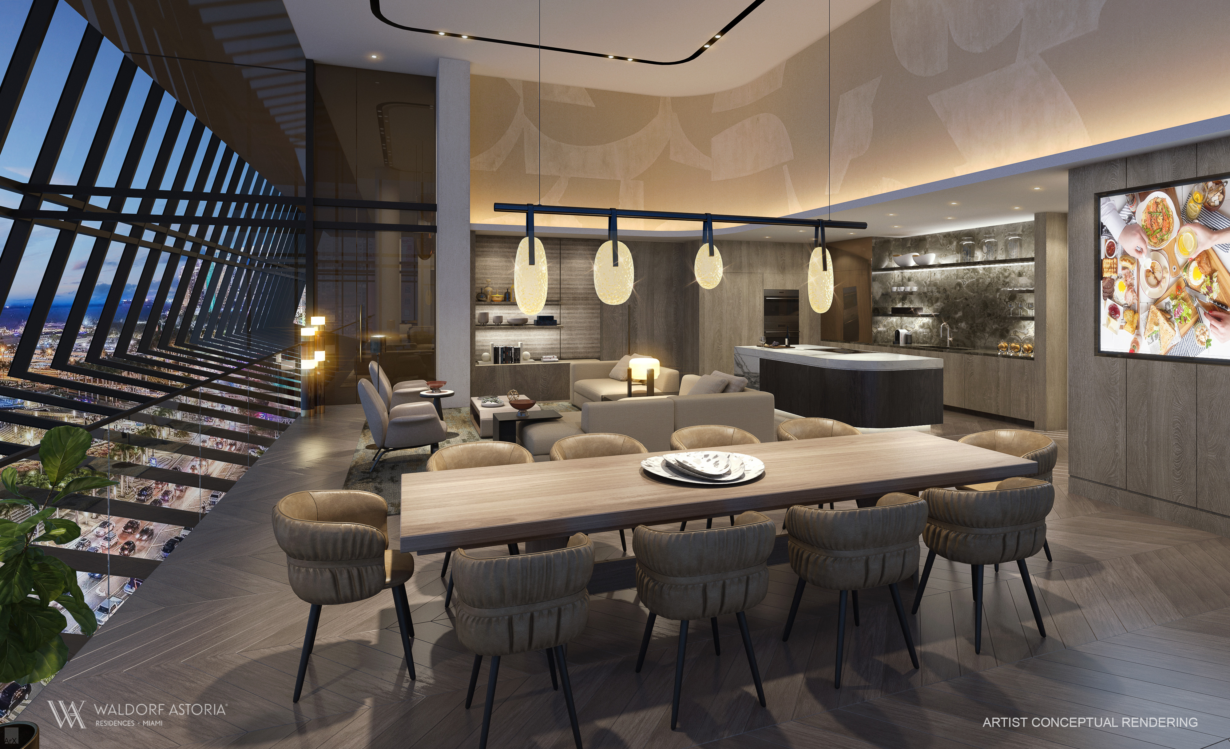 Owners' Lounge at Waldorf Astoria Residences Miami — double-height ceilings, billiards, entertainment room with panoramic bay views, private catering kitchen.