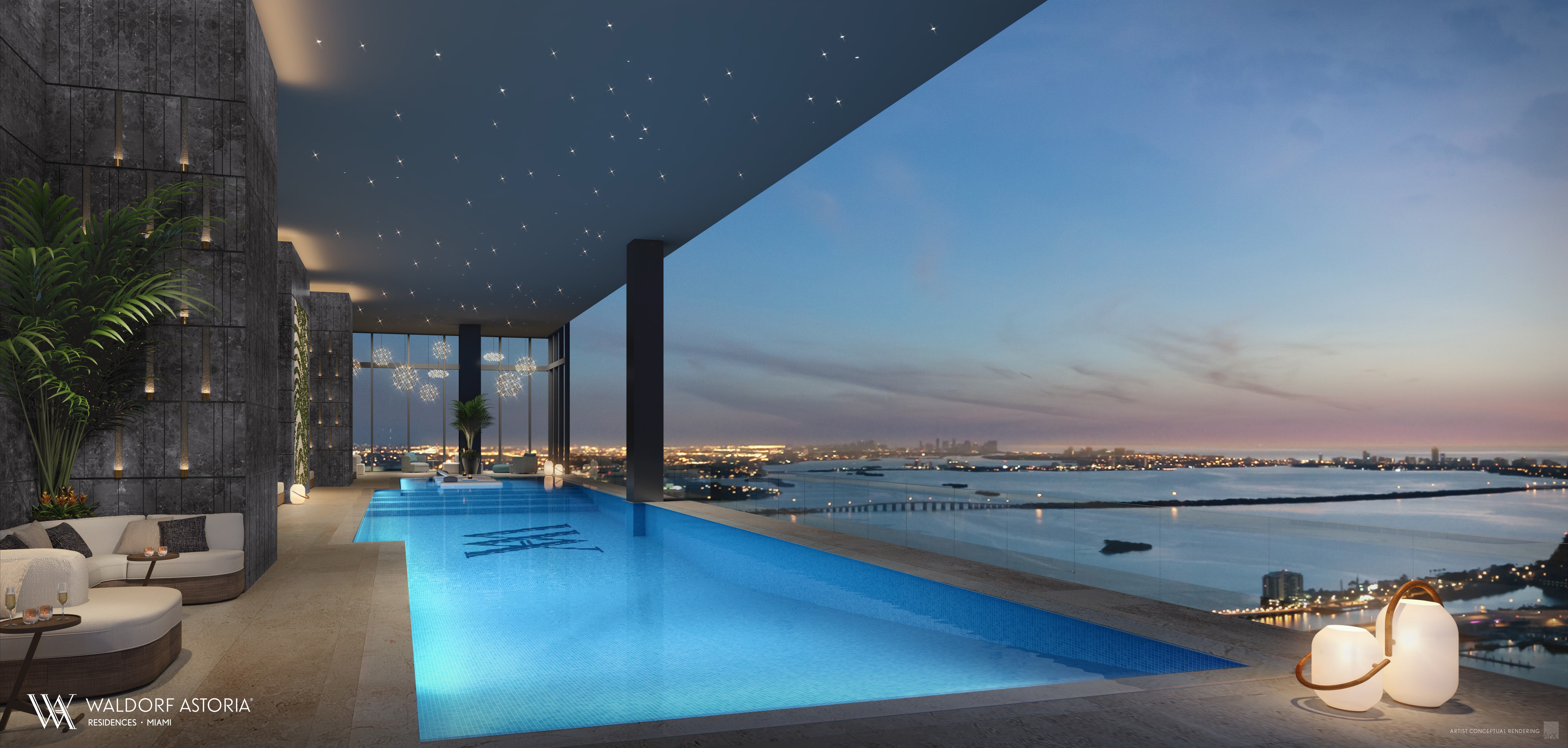Immersive resort pool at Waldorf Astoria Residences Miami — outdoor café, private cabanas, and panoramic Downtown Miami exposure.