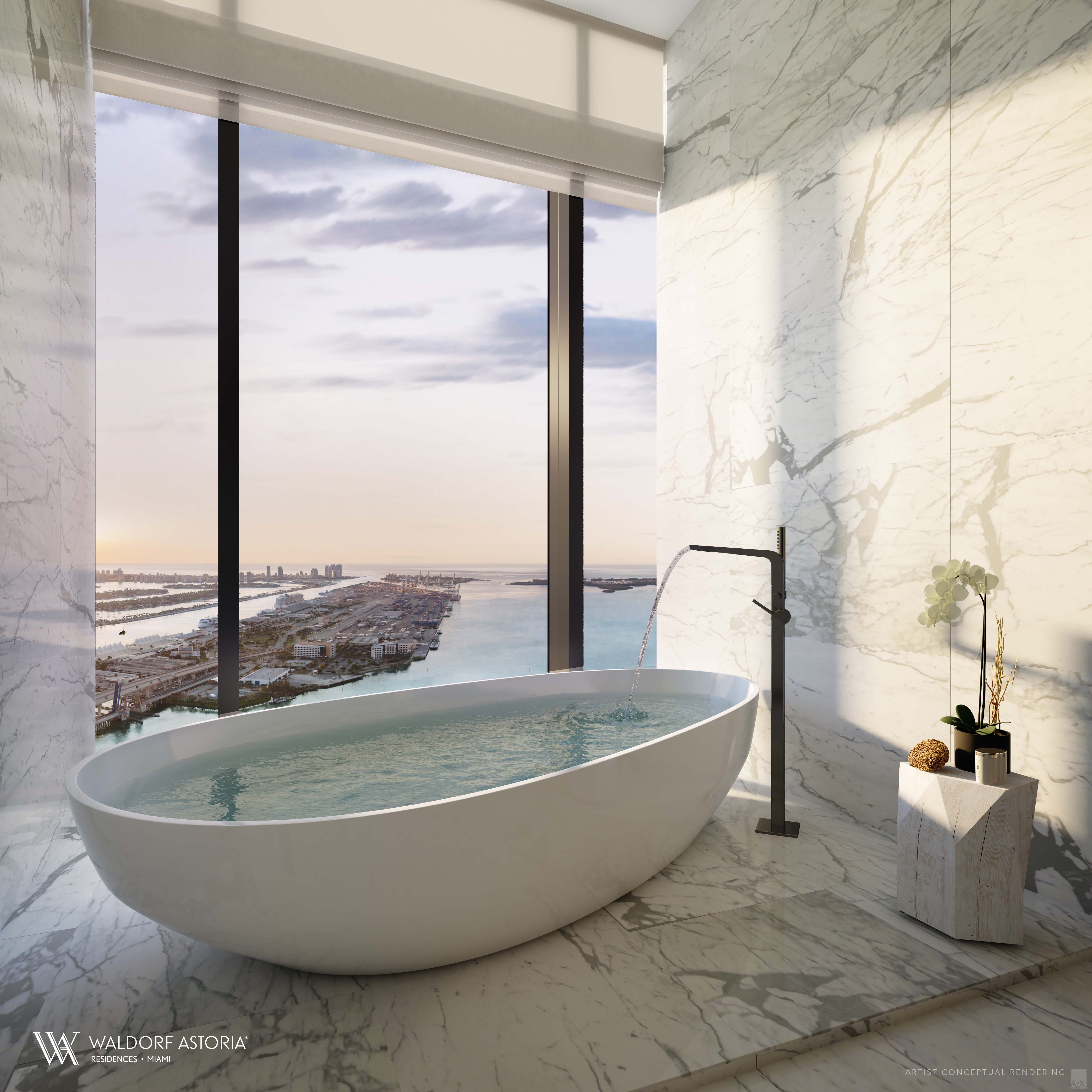 Primary bathroom at Waldorf Astoria Residences Miami — Duravit and Waterworks fixtures, custom Italian vanity, rain shower, finished floors and walls in wet areas.