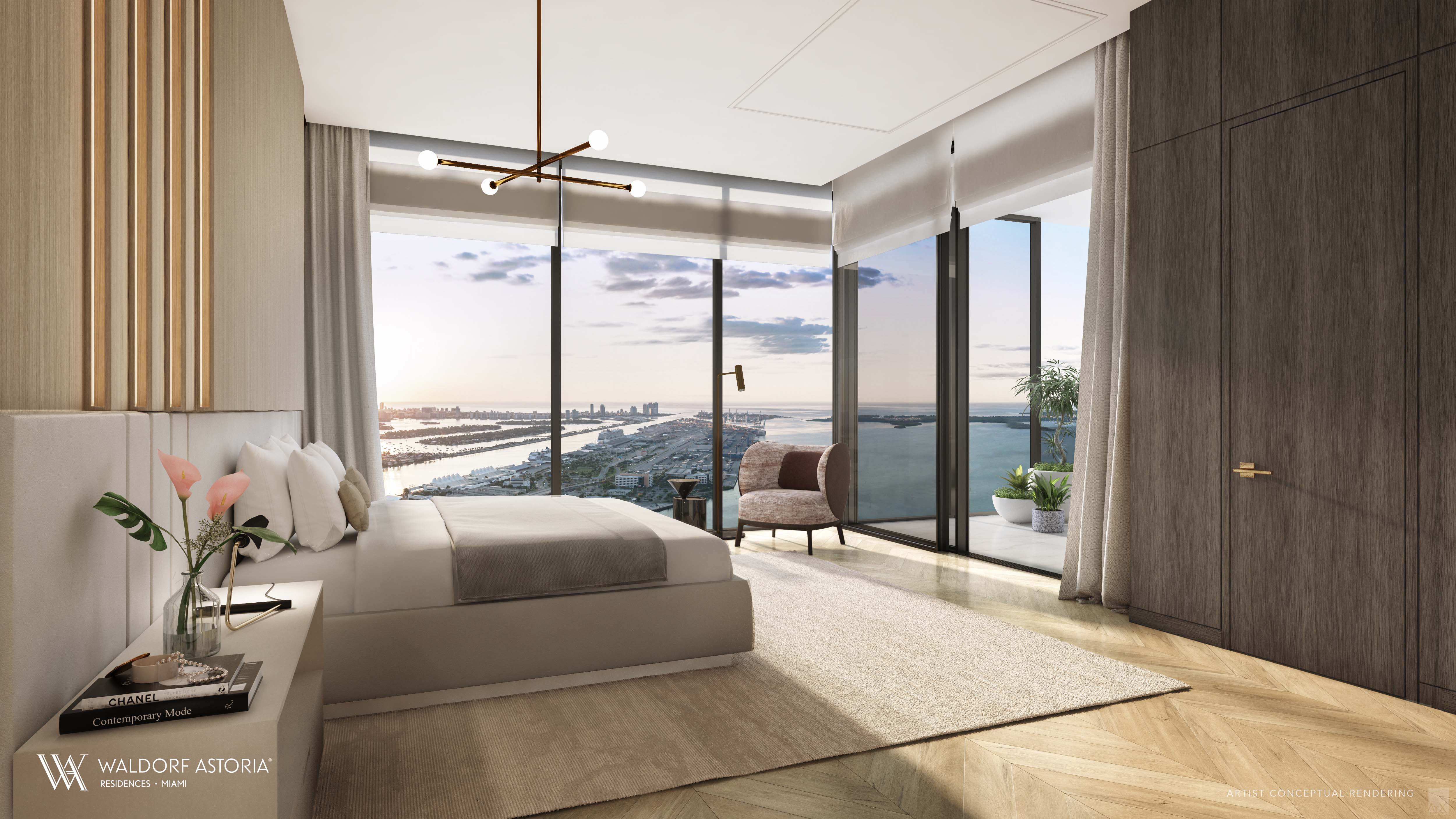 Master bedroom at Waldorf Astoria Residences Miami — fully built-out BAMO closets, floor-to-ceiling windows, integrated smart-home audio, video and lighting controls.