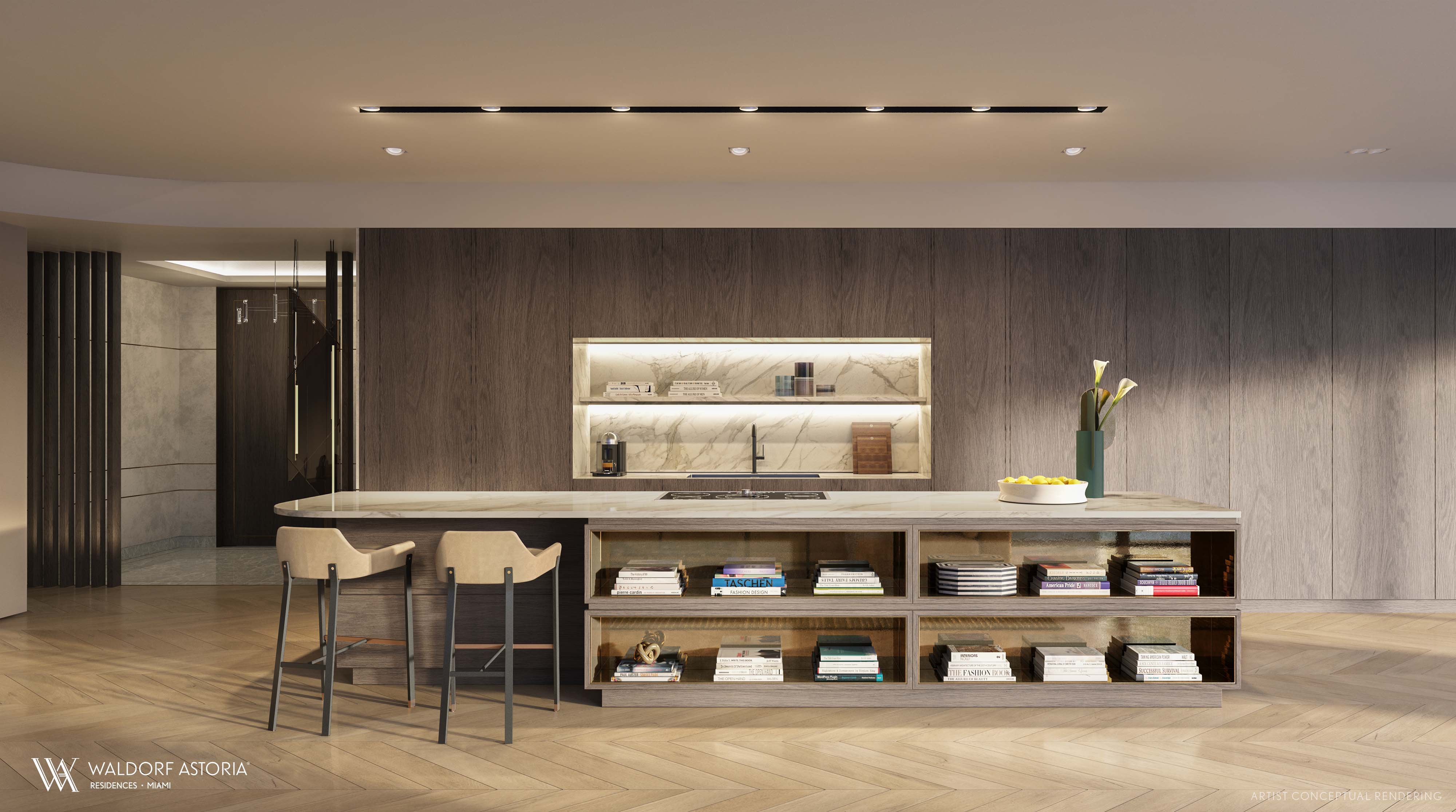 Kitchen at Waldorf Astoria Residences Miami — custom BAMO cabinetry fabricated by Italian design house Italkraft, integrated Sub-Zero refrigerator and Wolf appliances, built-in convection oven, dishwasher and wine storage.