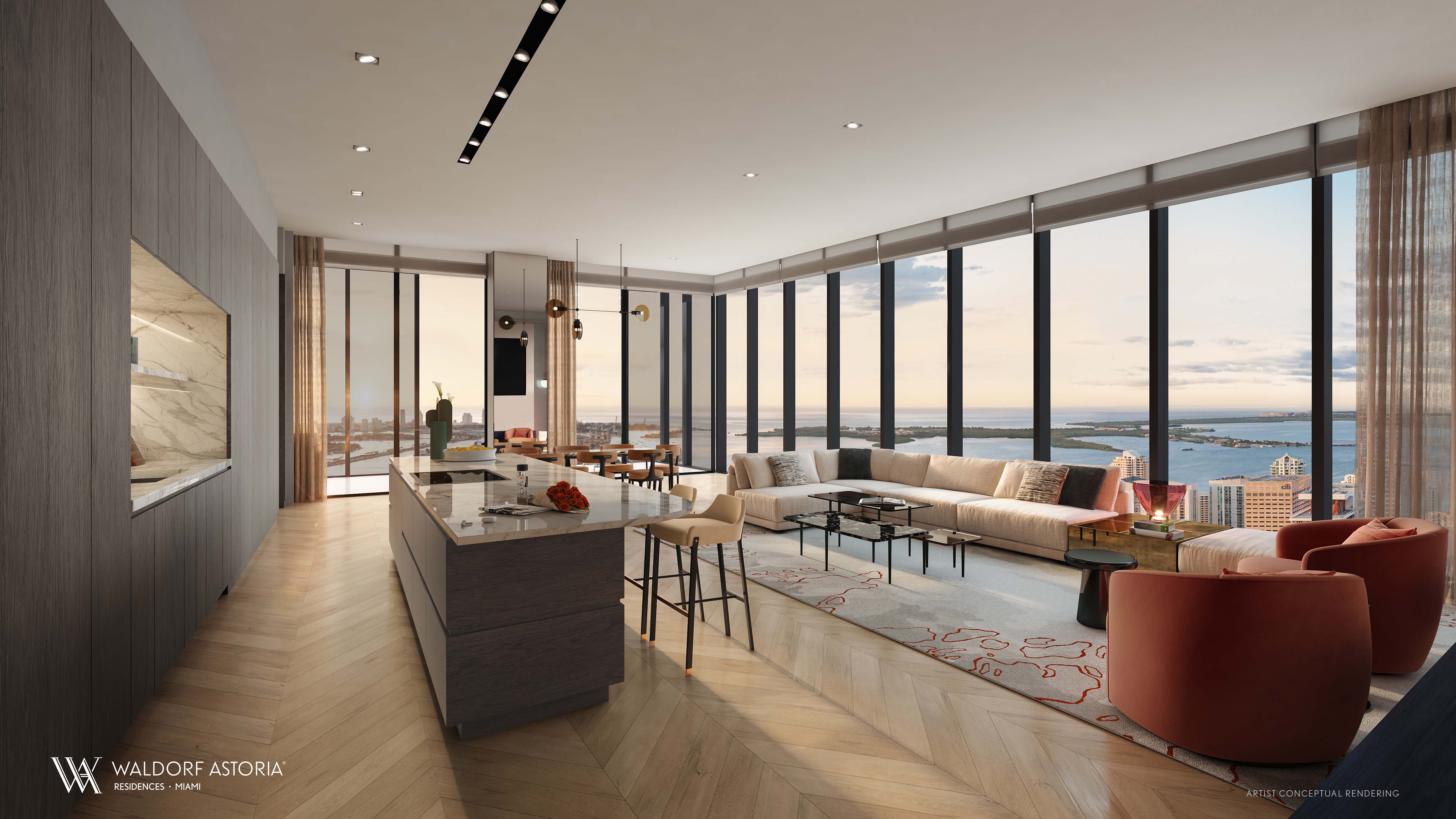 Great room at Waldorf Astoria Residences Miami — fully finished residence with floor-to-ceiling windows overlooking the Miami skyline and the Atlantic. Interior architecture by BAMO.