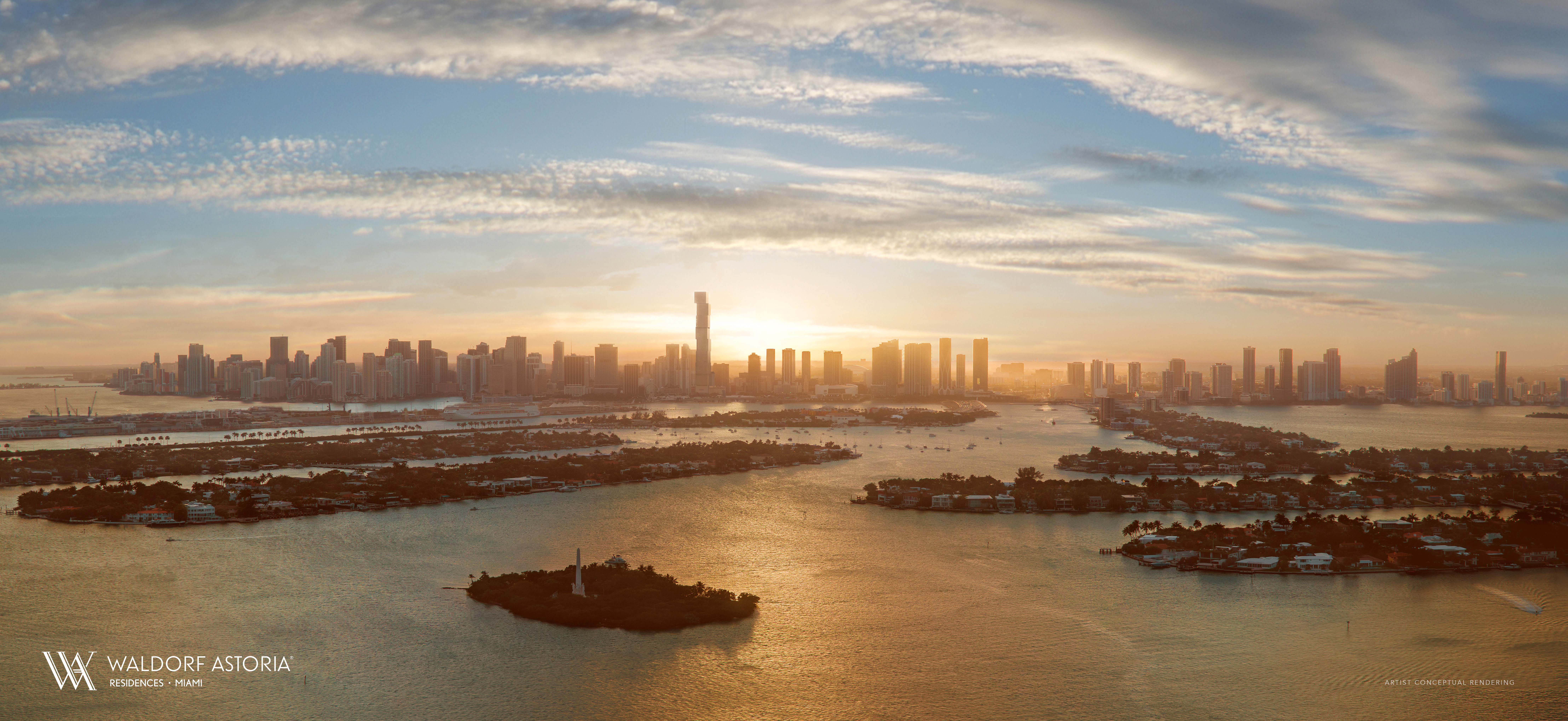 Waldorf Astoria Residences Miami — 100-story tower of nine offset glass cubes rising over Downtown Miami's bayfront skyline at dusk.